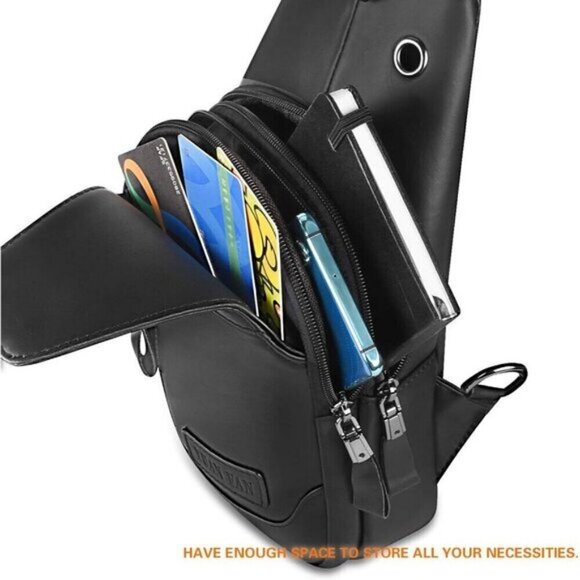 💫 Men Black Crossbody Bags Leather Sling Purse Chest Backpack Shoulder Bags - Picture 3 of 9